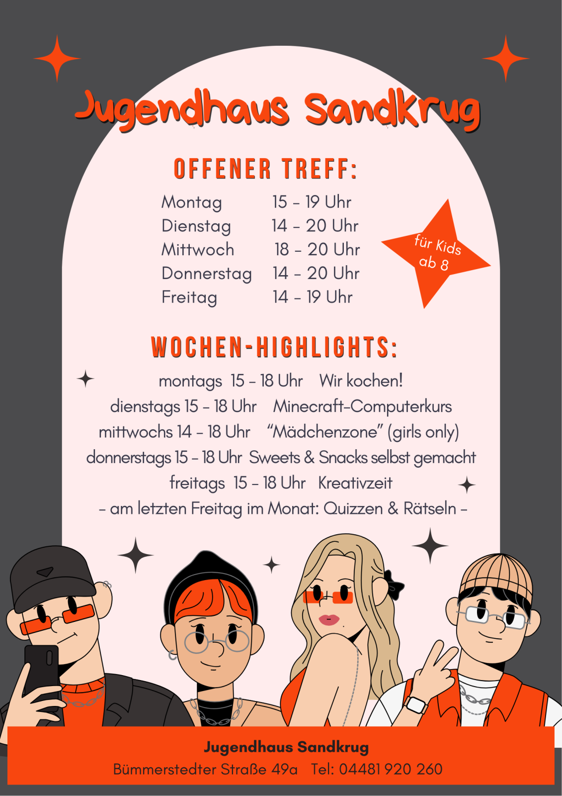 Plakat Jugendhaus Sandkrug mit Öffnungszeiten und Highlights